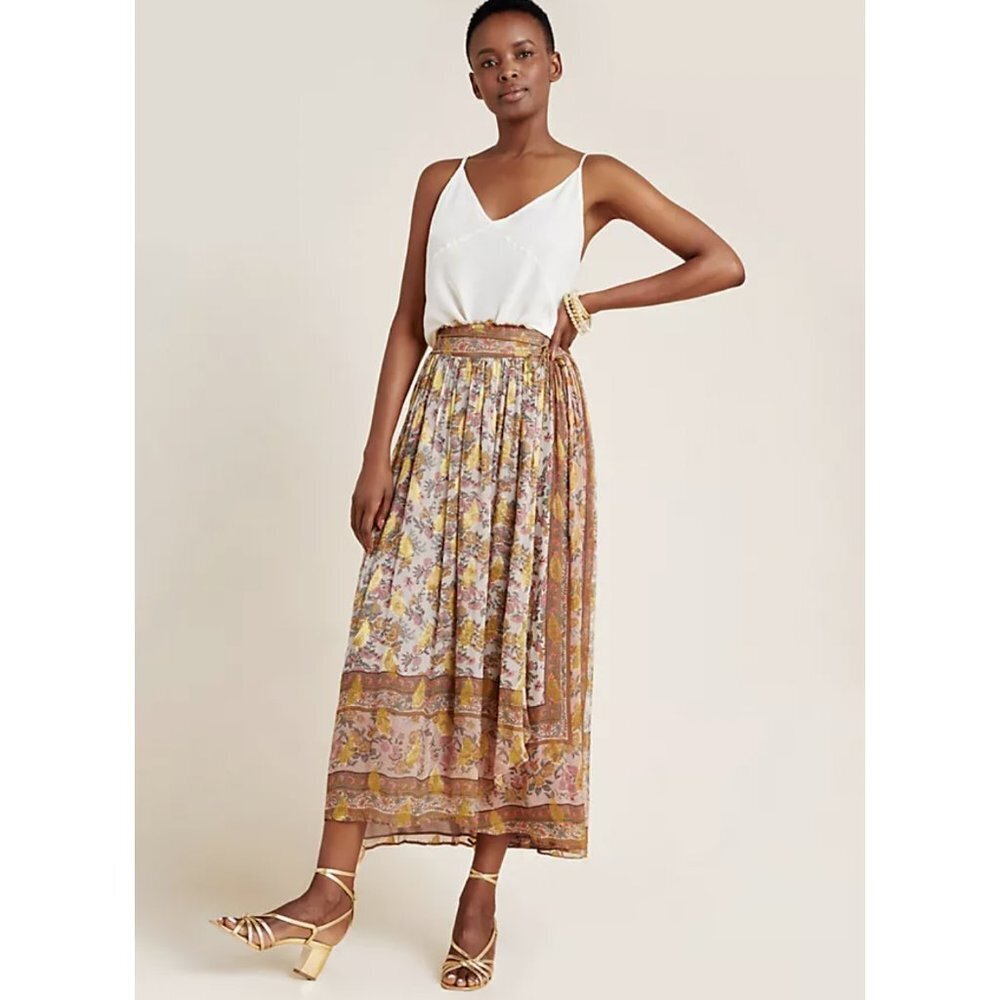 Anthropologie Love Sam Harvest Midi Skirt Gold Metallic Floral Print Size Medium